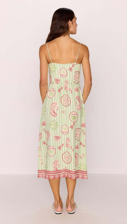 Linen Blend Green Stripe Printed Tie-Waist Midi Dress shown from the back, featuring a sea-inspired print and adjustable straps.
