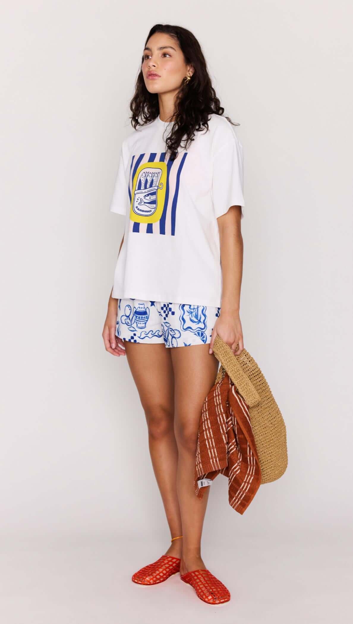 Statement Relaxed Oversized Cotton Tee worn by a model, showcasing a Mediterranean print and summer styling.