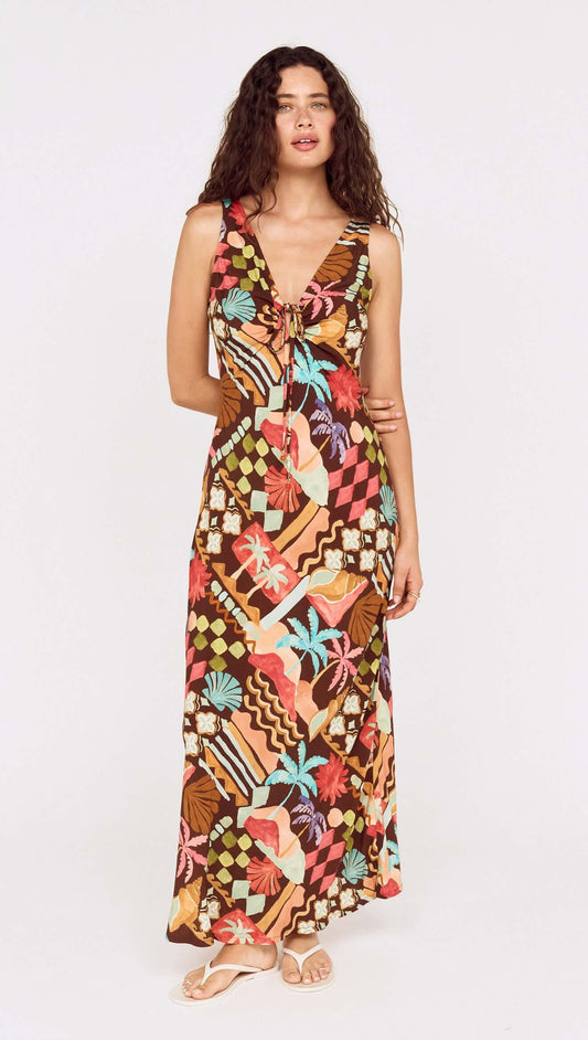 Vintage Coastal Print Keyhole Midi Dress featuring colorful tropical patterns and a flattering keyhole neckline.