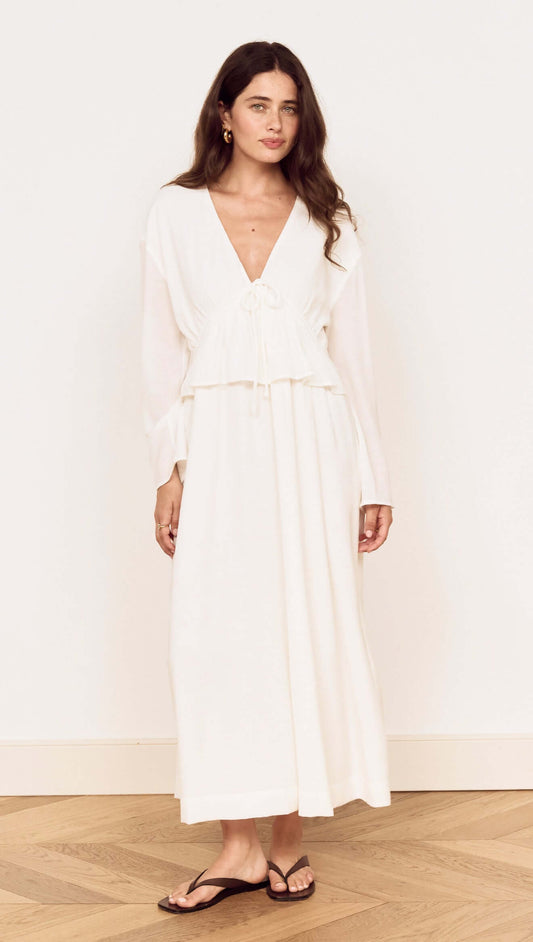 Model showcasing the White Crinkle Tie Front Midi Dress with relaxed fit and soft V-neckline.