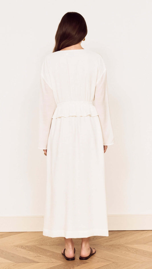 Back view of a woman wearing a White Crinkle Tie Front Midi Dress with flowing fabric and relaxed fit.