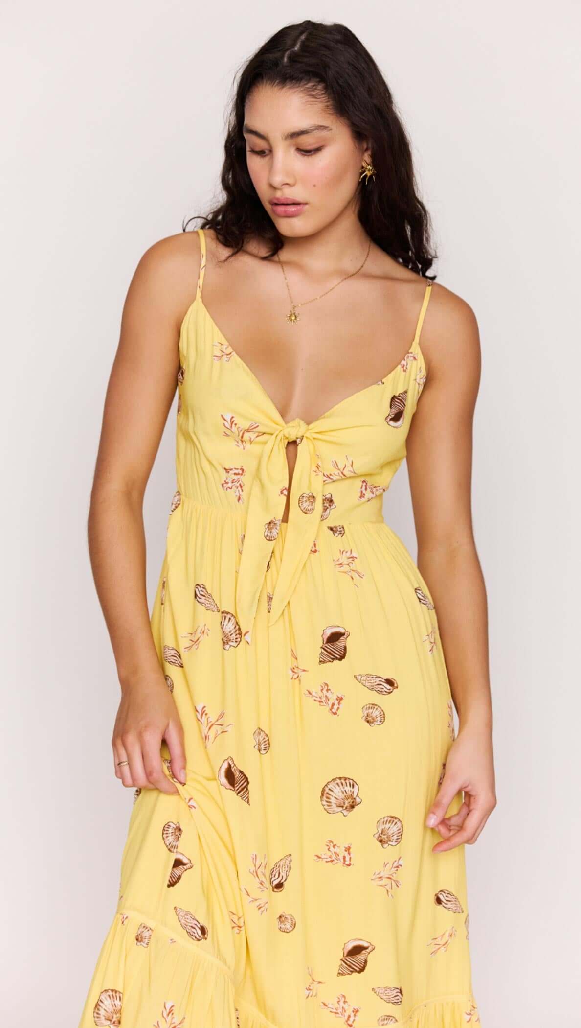 Yellow Printed ECOVERO Summer Midi Dress featuring a flattering V-neckline and adjustable tie detail.