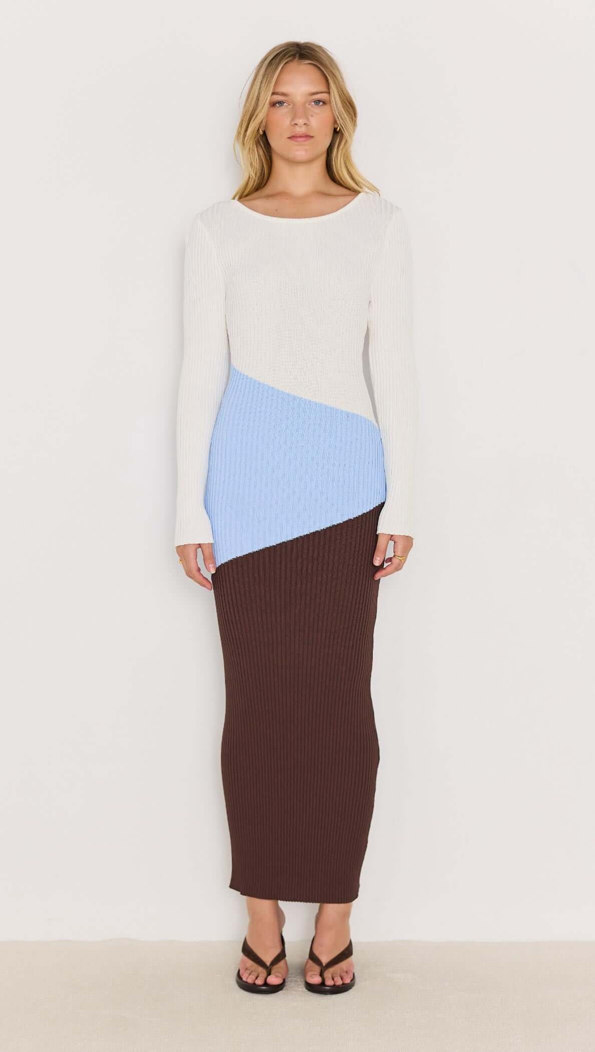 Tia Knit Midi Dress - Bodycon knitted midi dress with long sleeves in white, blue and brown