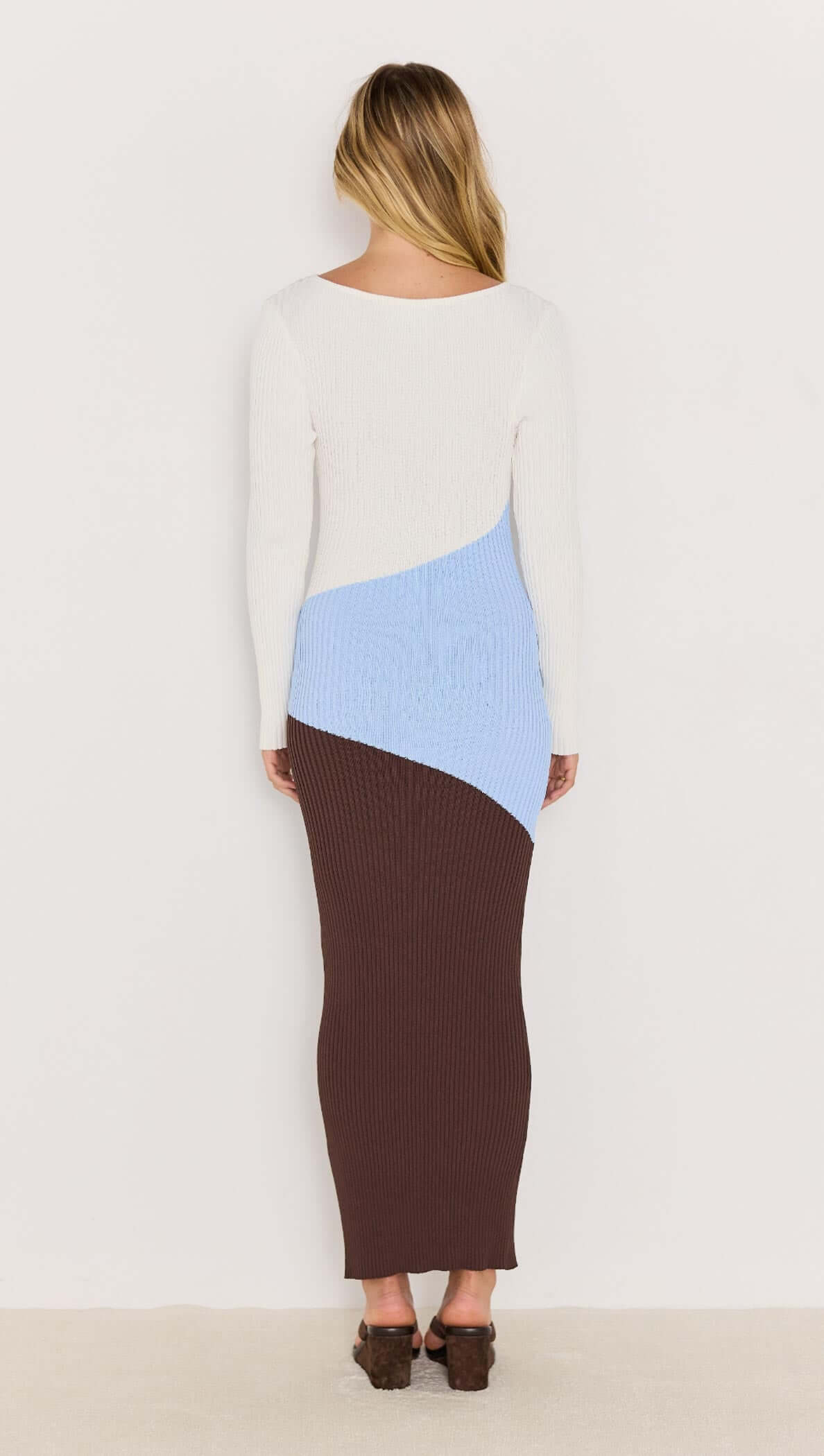 Tia Knit Midi Dress - Bodycon knitted midi dress with long sleeves in white, blue and brown