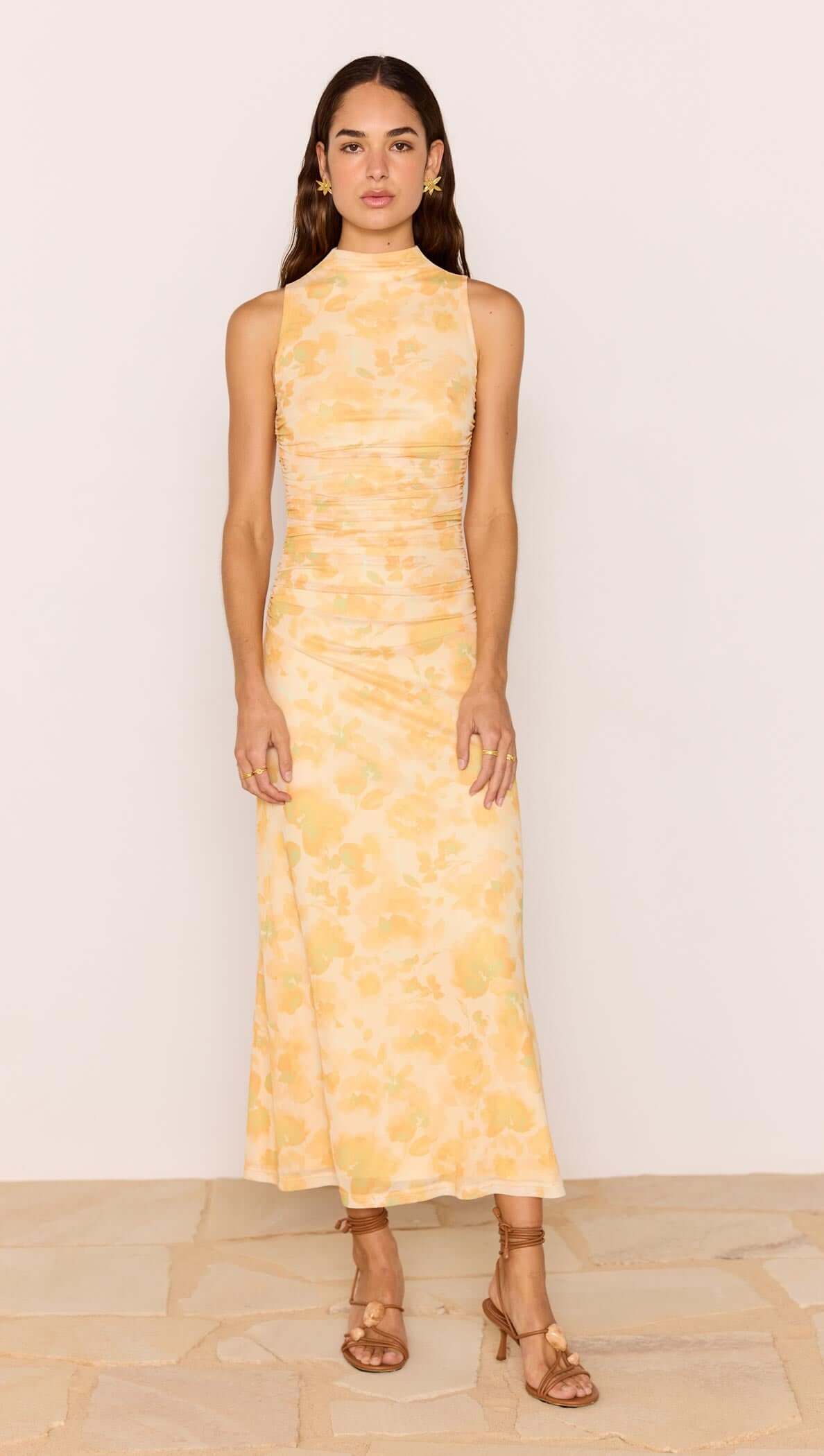 Yellow Floral Mesh Midi Dress featuring a dreamy orange watercolor floral print and a figure-skimming fit.