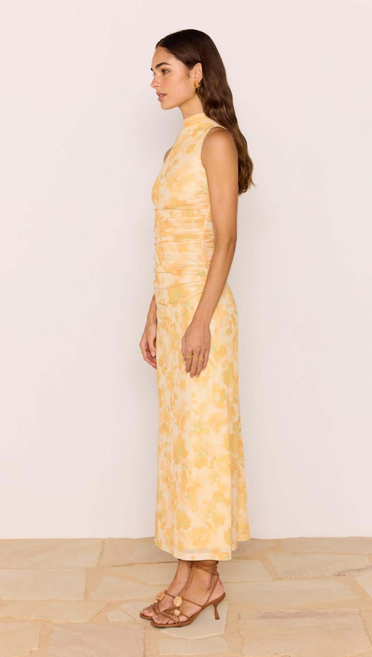 Yellow Floral Mesh Midi Dress showcased on a model, featuring soft ruching and a high neckline in a vibrant yellow floral print.