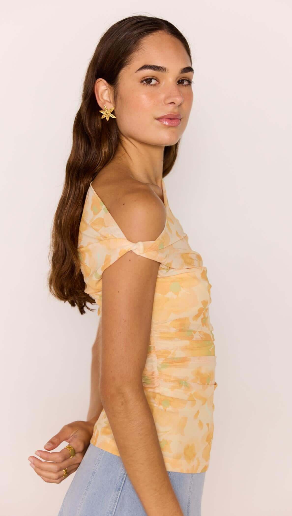 Yellow Floral Mesh Top featuring a one-shoulder design in soft orange watercolour floral print.
