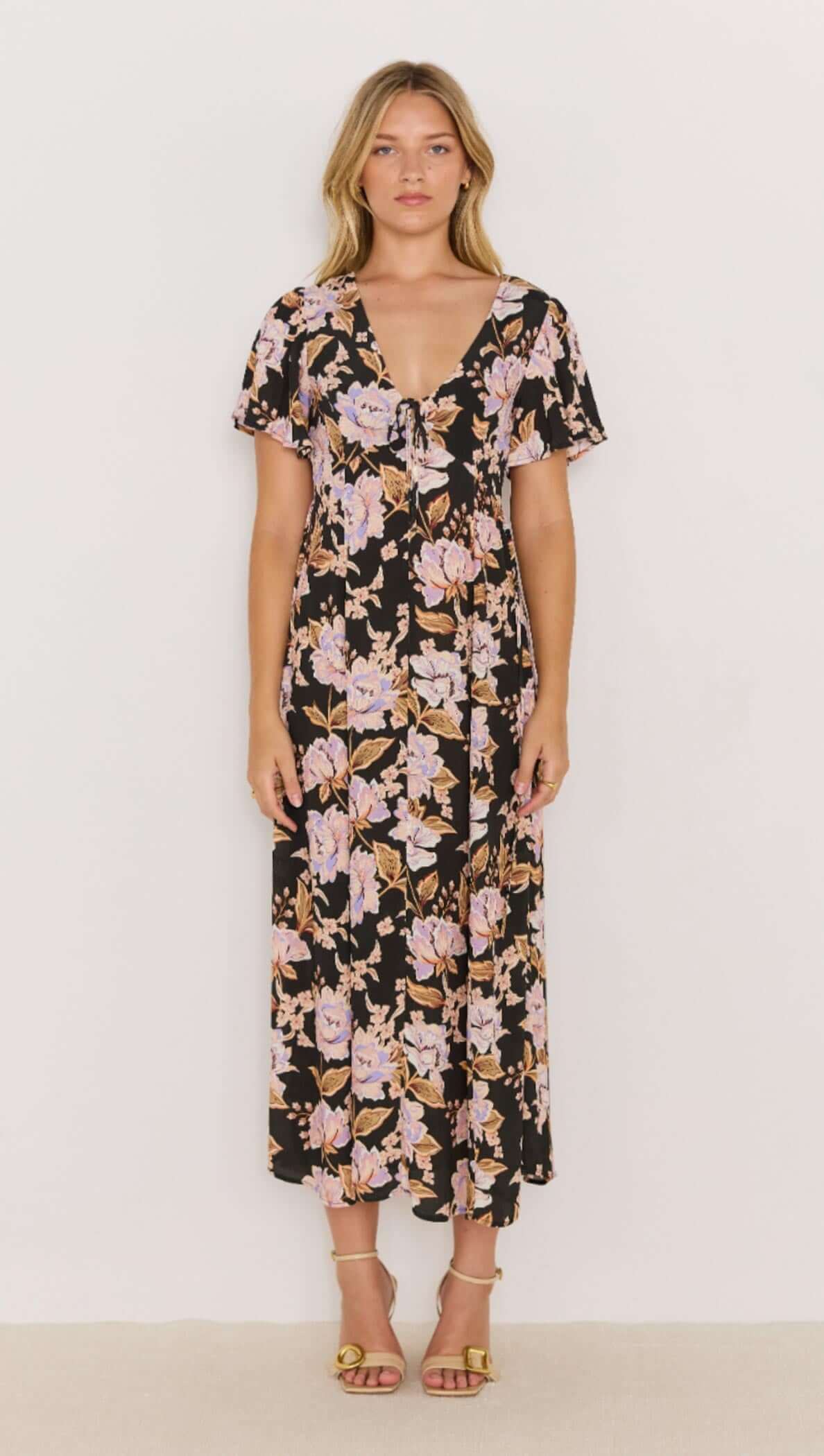 black and pink floral willow mini dress with short sleeves and v neck