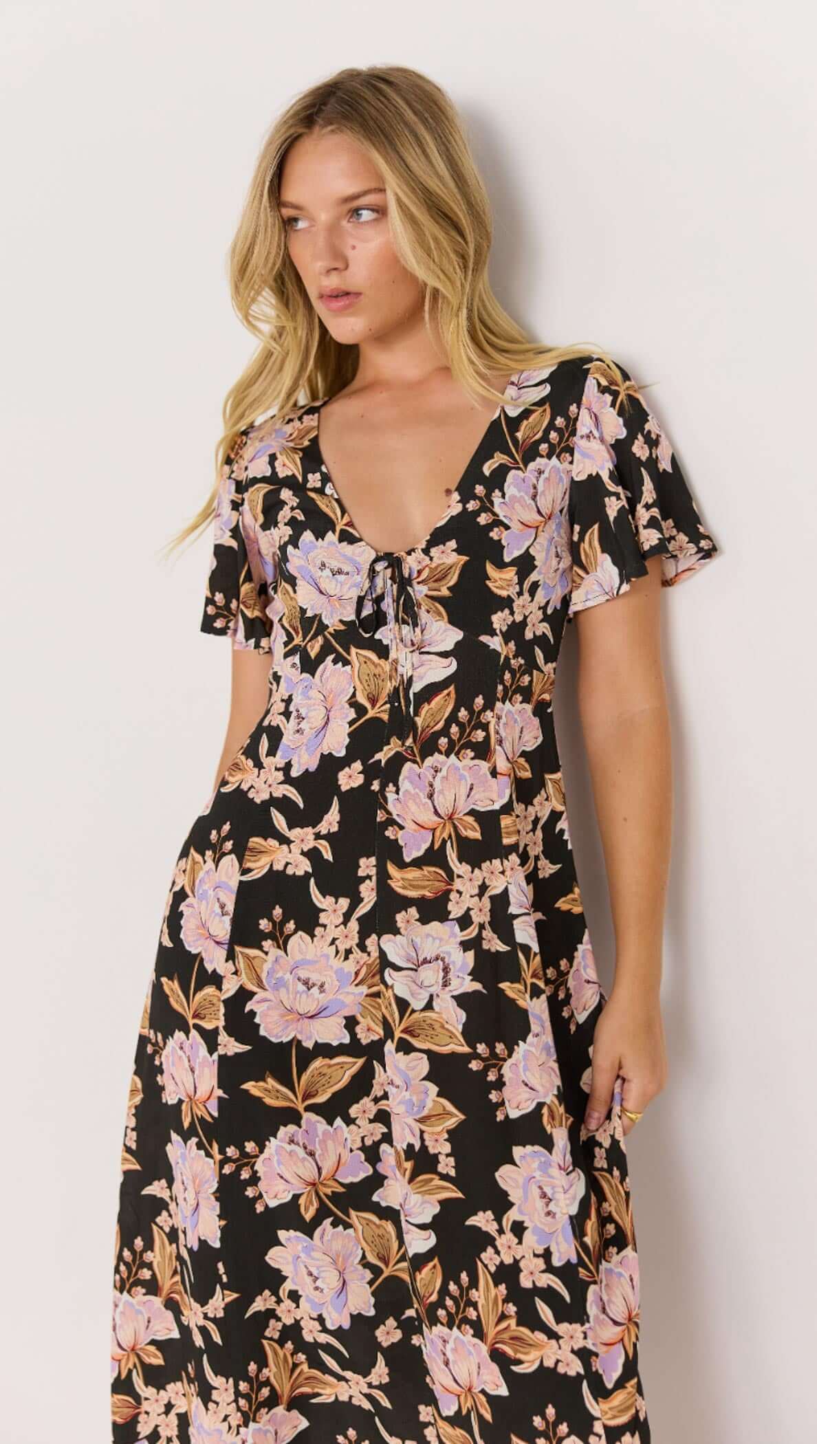 black and pink floral willow mini dress with short sleeves and v neck