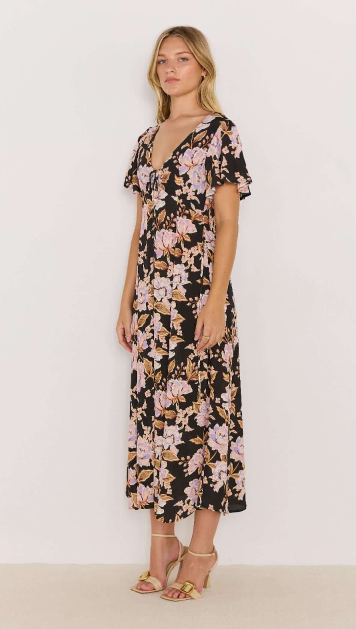 black and pink floral willow mini dress with short sleeves and v neck