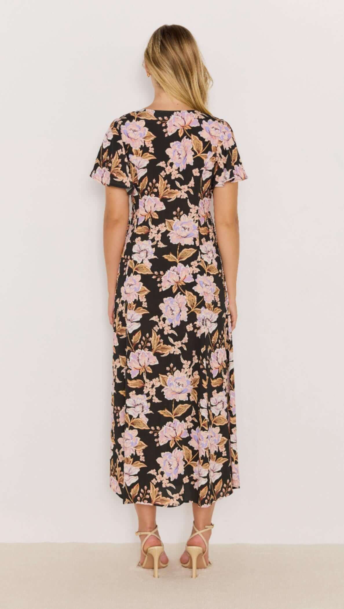 black and pink floral willow mini dress with short sleeves and v neck