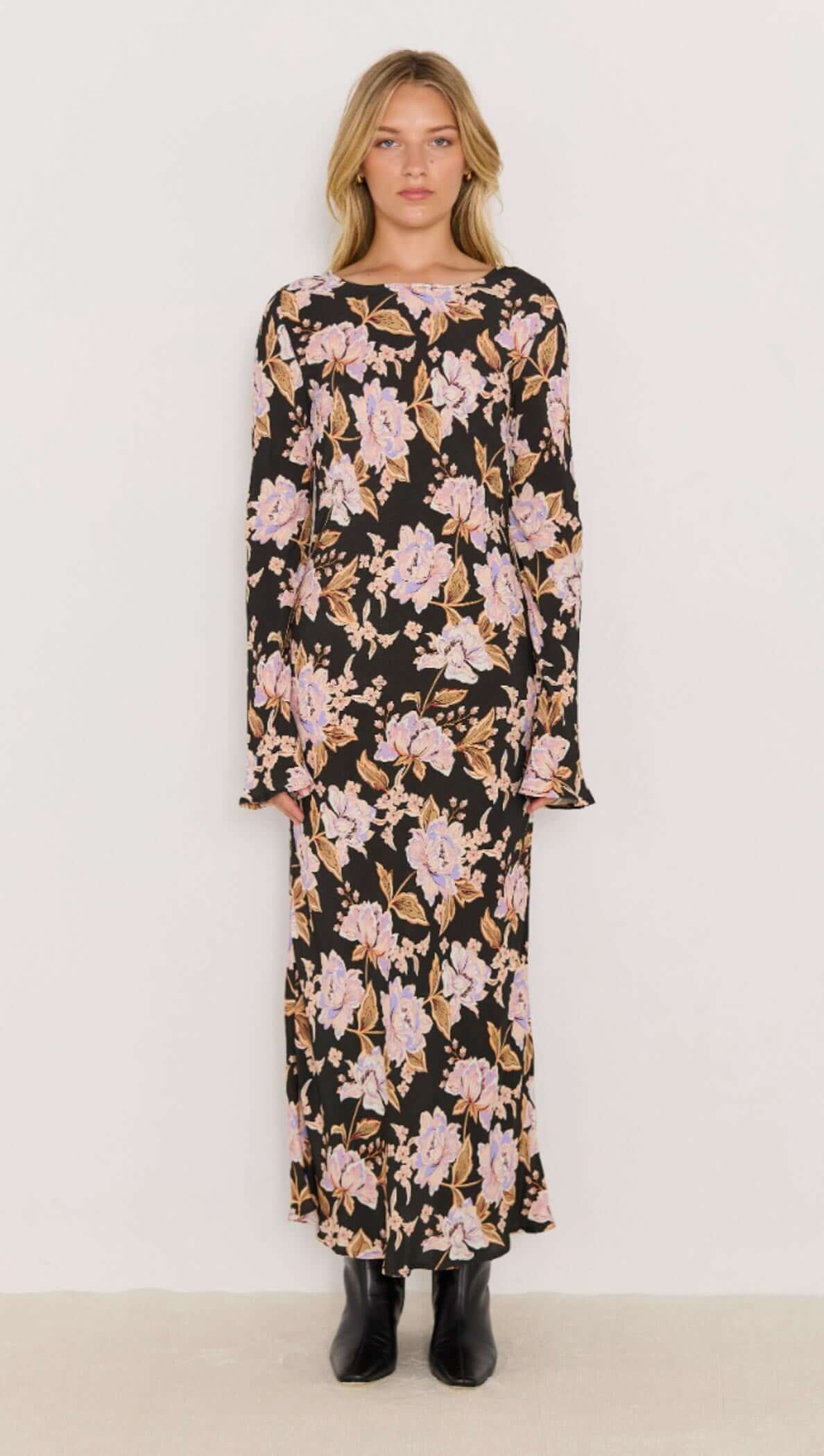 black and pink satin floral willow maxi dress with open tie back and long sleeves