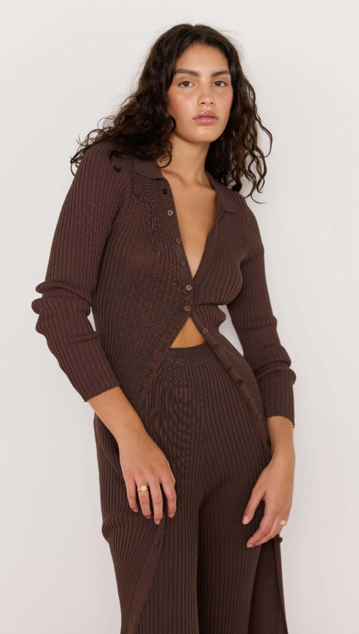 keani knit midi dress - button through knit midi dress in brown with v neck and long sleeves. can be worn as dress or top / cardigan