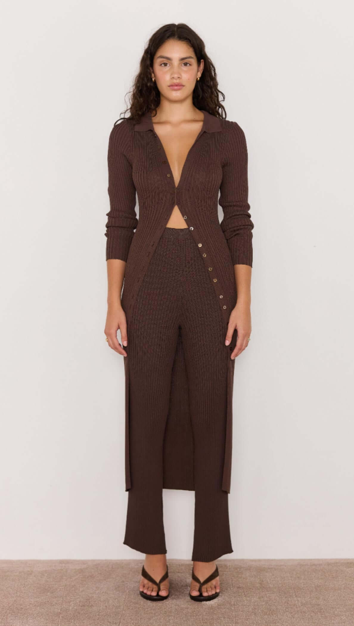 keani knit midi dress - button through knit midi dress in brown with v neck and long sleeves. can be worn as dress or top / cardigan