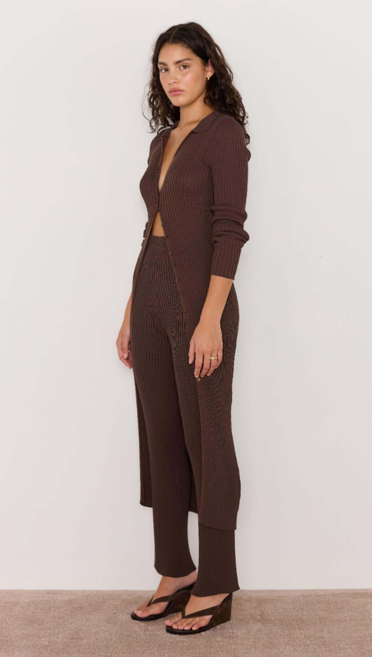 keani knit midi dress - button through knit midi dress in brown with v neck and long sleeves. can be worn as dress or top / cardigan