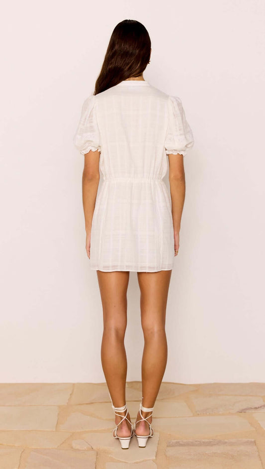 Model wearing the Lace Detail White Cotton Mini Dress, showcasing the back view with puff sleeves and elastic waist.