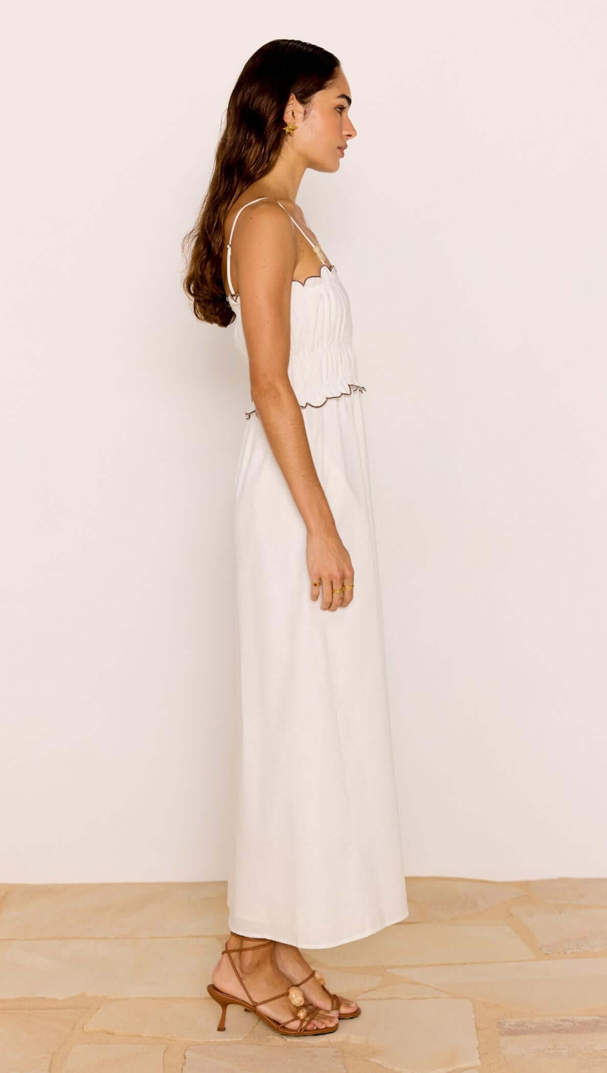 Scallop Edge Cotton White Midi Dress showcased on a model, featuring a scalloped neckline and flowing silhouette.
