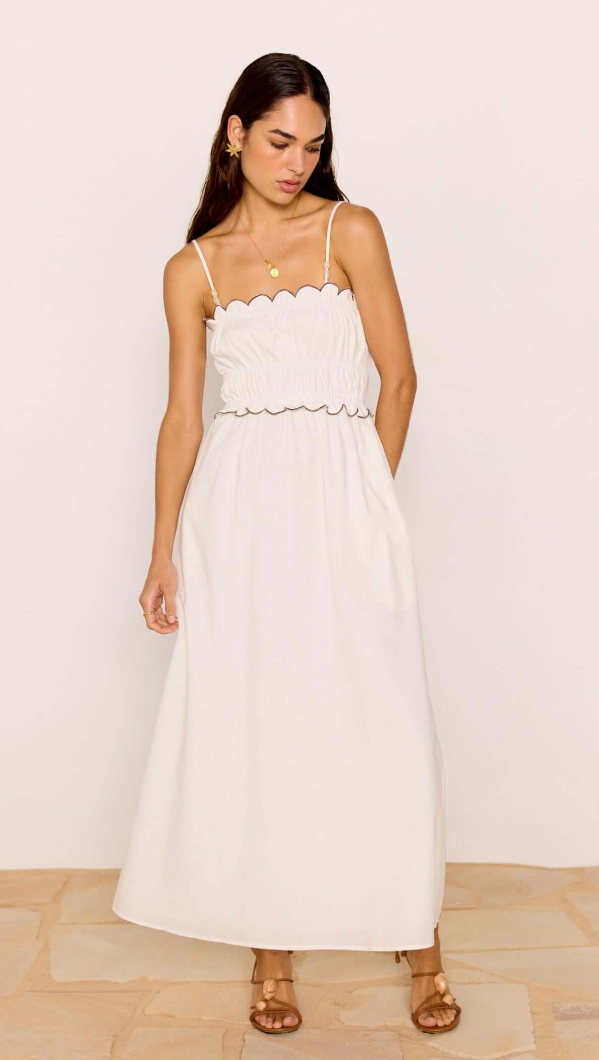 Scallop Edge Cotton White Midi Dress by MINKPINK, featuring a scalloped neckline and hem, flowing design, perfect summer elegance.