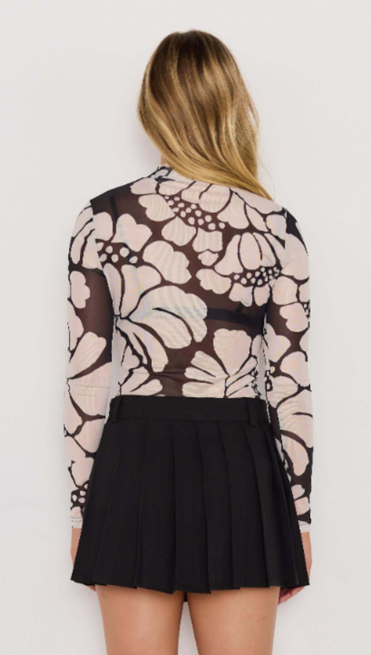 Persephone Mesh Skivvy Top - Black & White Floral