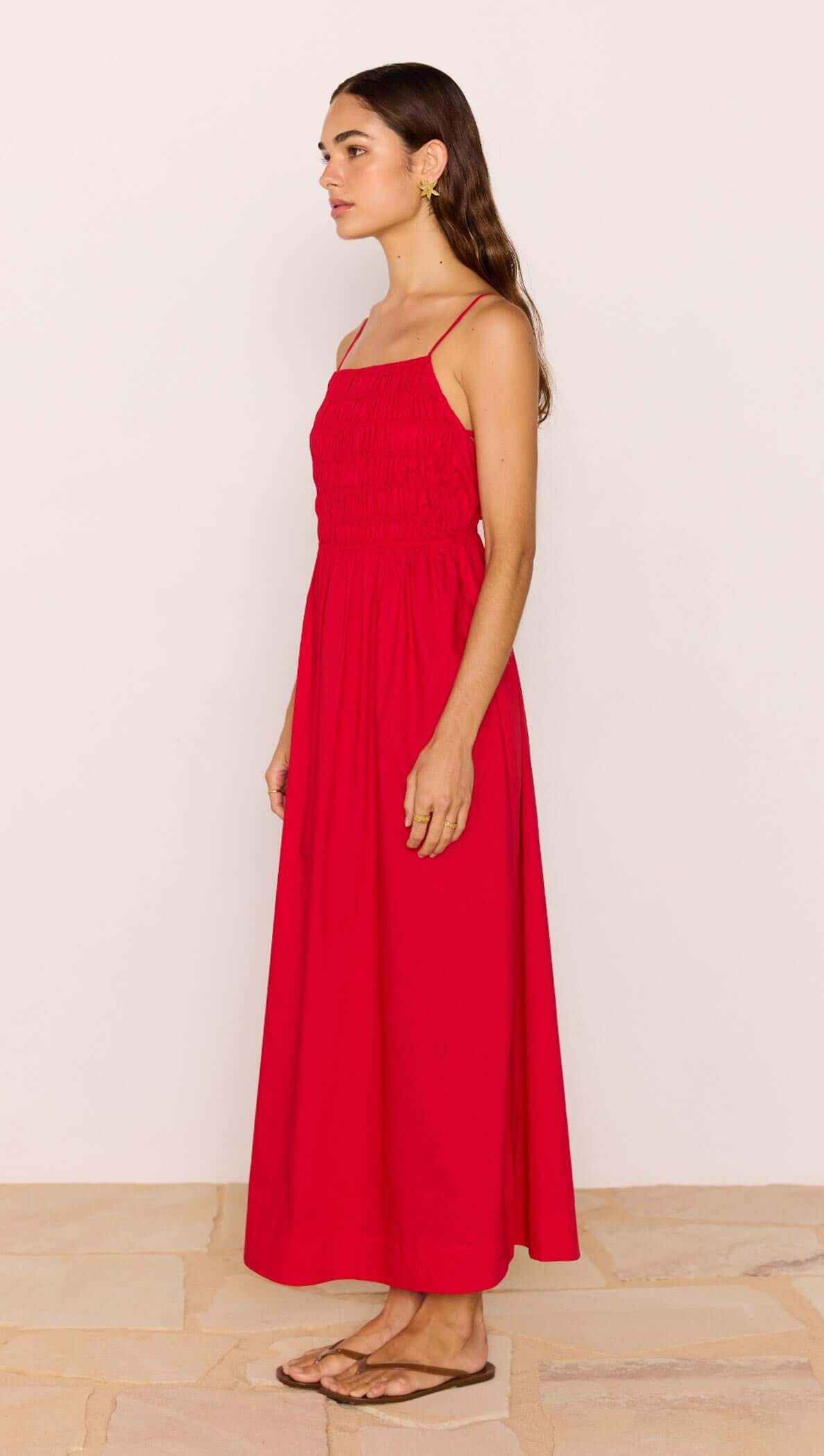 Red Cotton Linen Blend Tie-Back Maxi Dress worn by a model showcasing its elegant silhouette and adjustable tie-back feature.