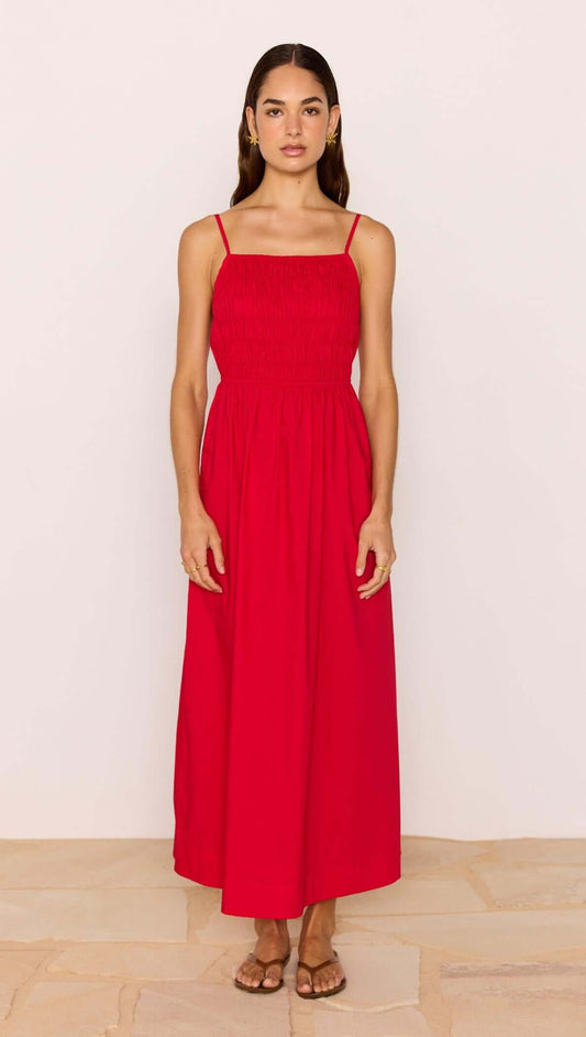 Red Cotton Linen Blend Tie-Back Maxi Dress worn by a model, showcasing its breezy summer style and flattering fit.