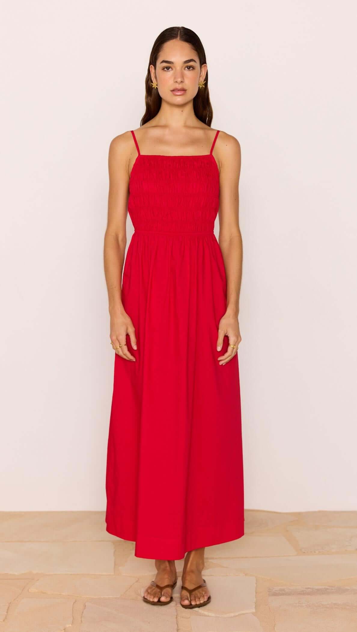 Red Cotton Linen Blend Tie-Back Maxi Dress worn by a model, showcasing its breezy summer style and flattering fit.