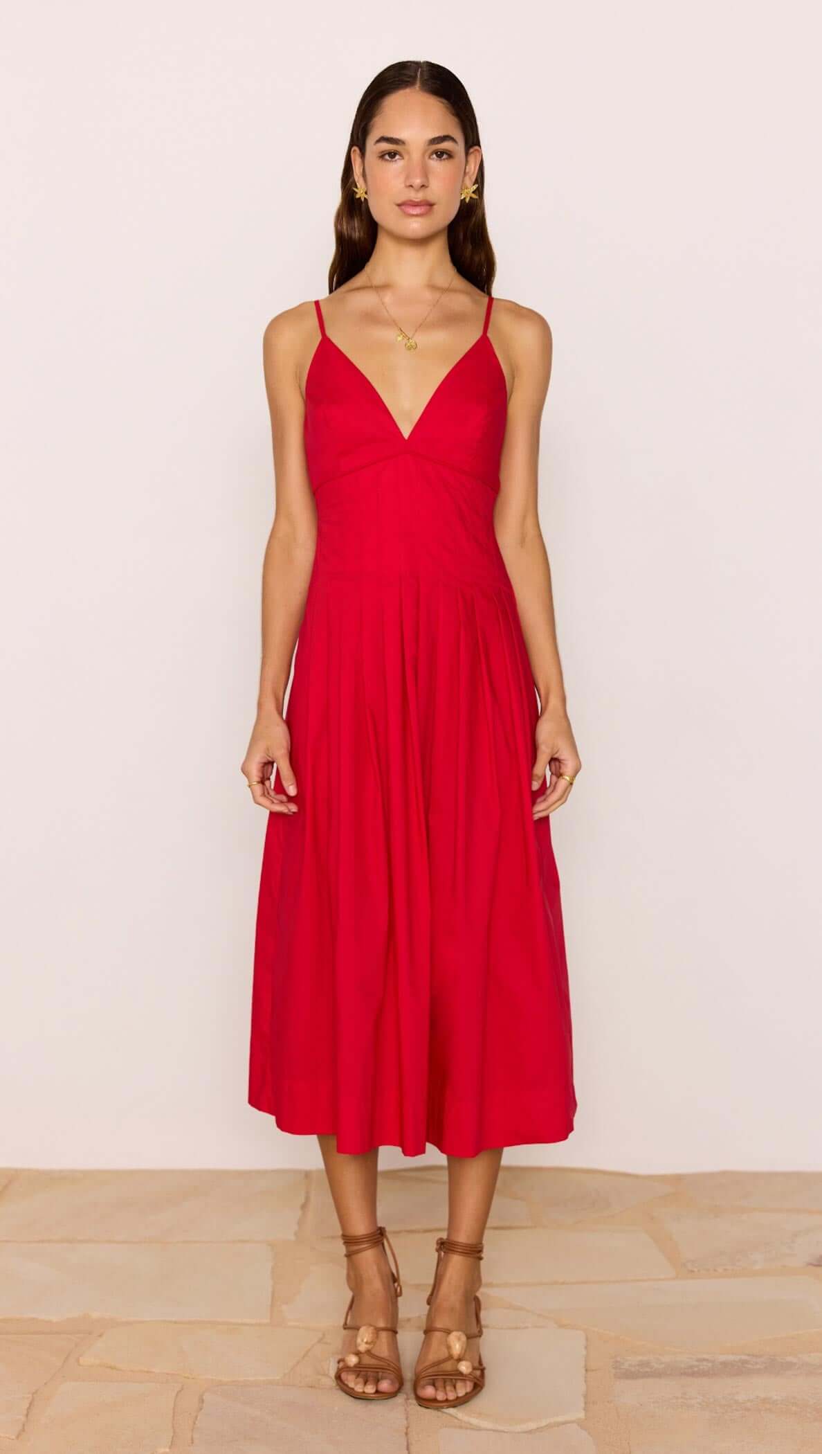 Red Cotton Linen Blend V-Neck Midi Dress on a model, showcasing its elegant fit and vibrant red color.