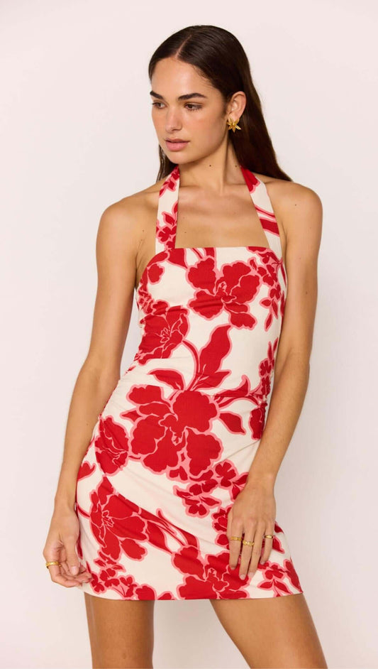 Red & White Floral Linen Blend Halter-Neck Mini Dress showcasing a bold floral print and flattering fitted silhouette.