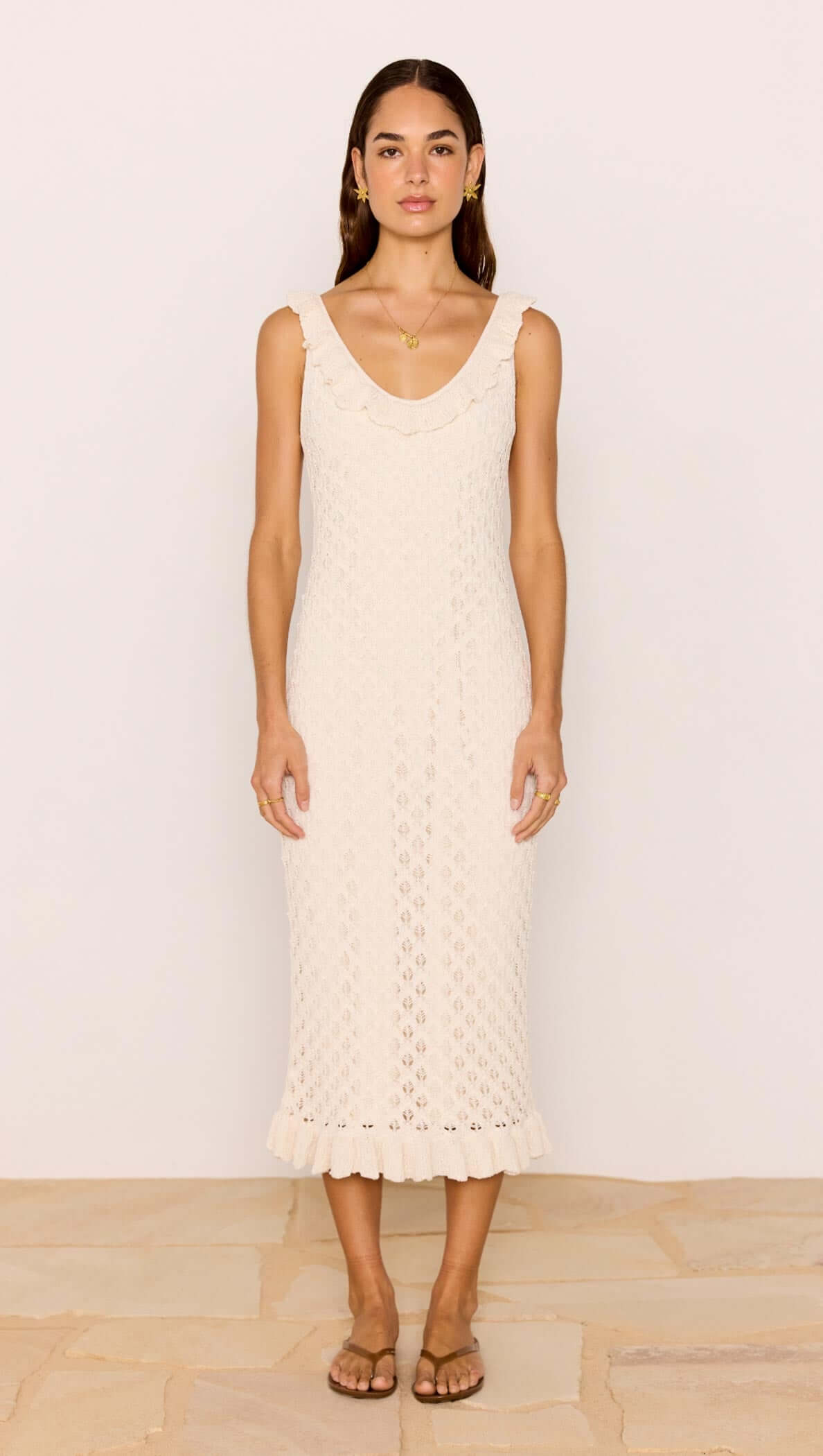 White Pointelle Knit Midi Dress in cream with scoop neckline and ruffled hem, perfect for summer outings.