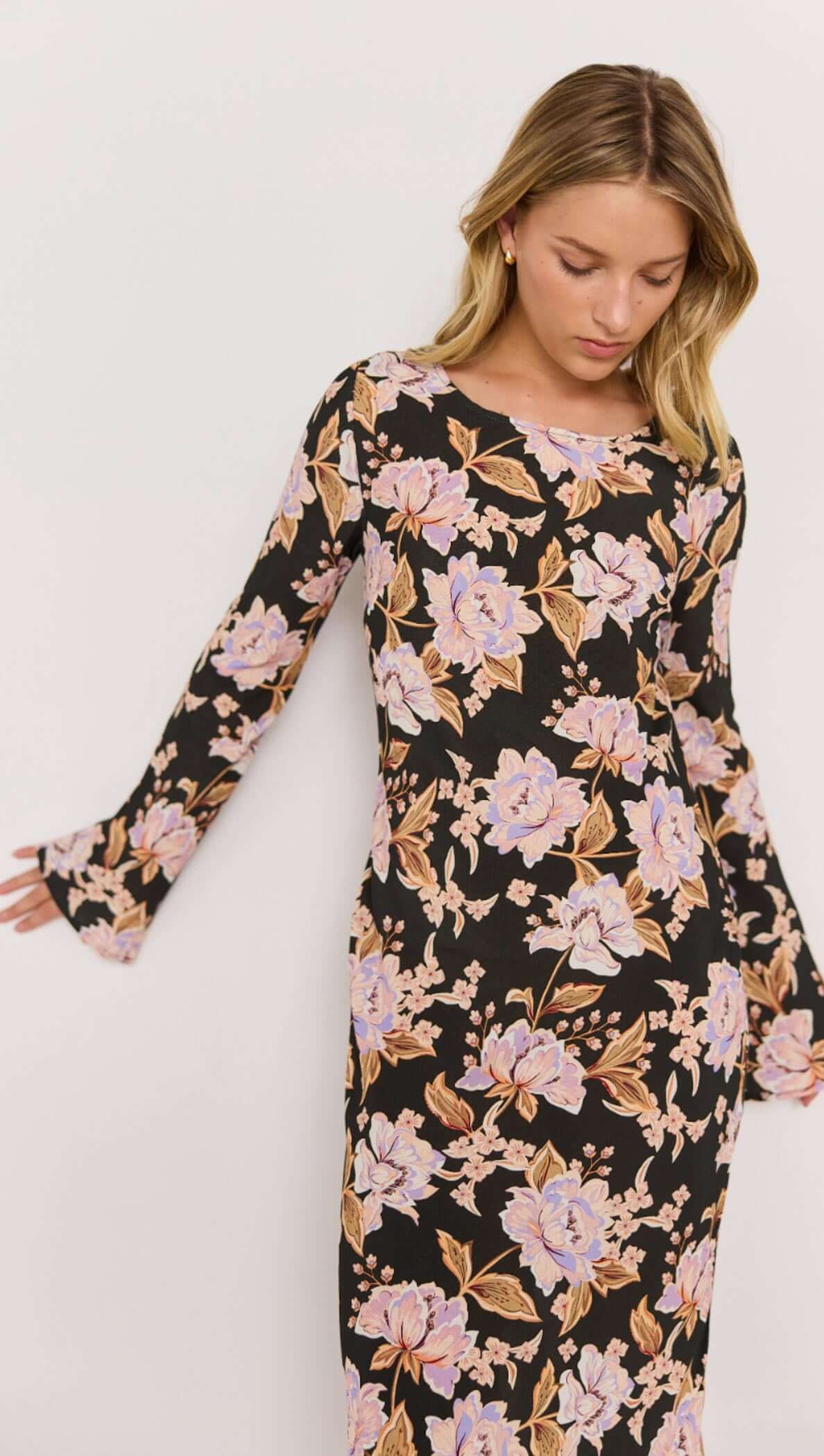 black and pink satin floral willow maxi dress with open tie back and long sleeves