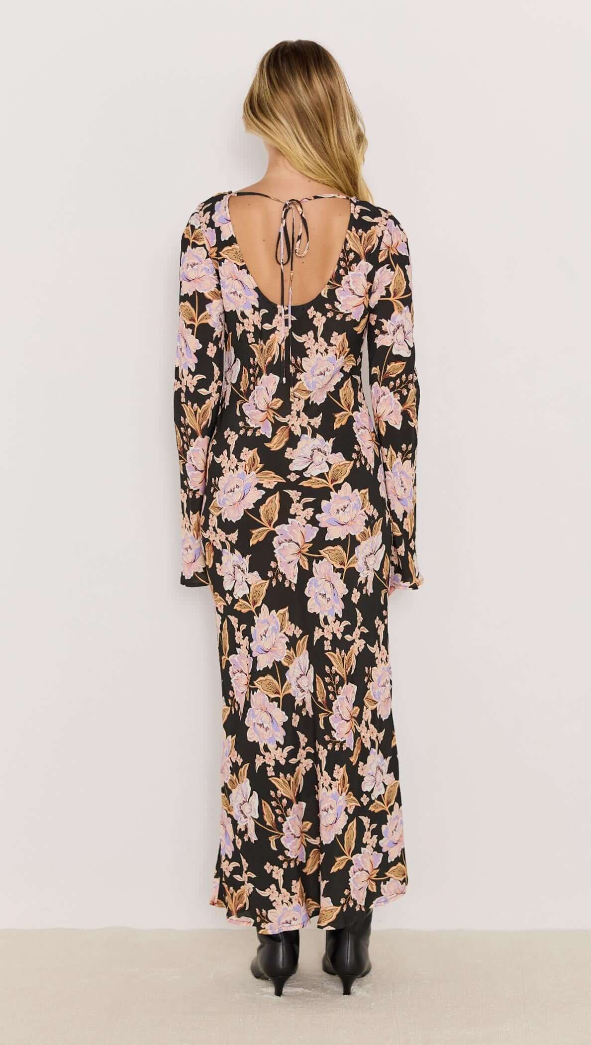 black and pink satin floral willow maxi dress with open tie back and long sleeves