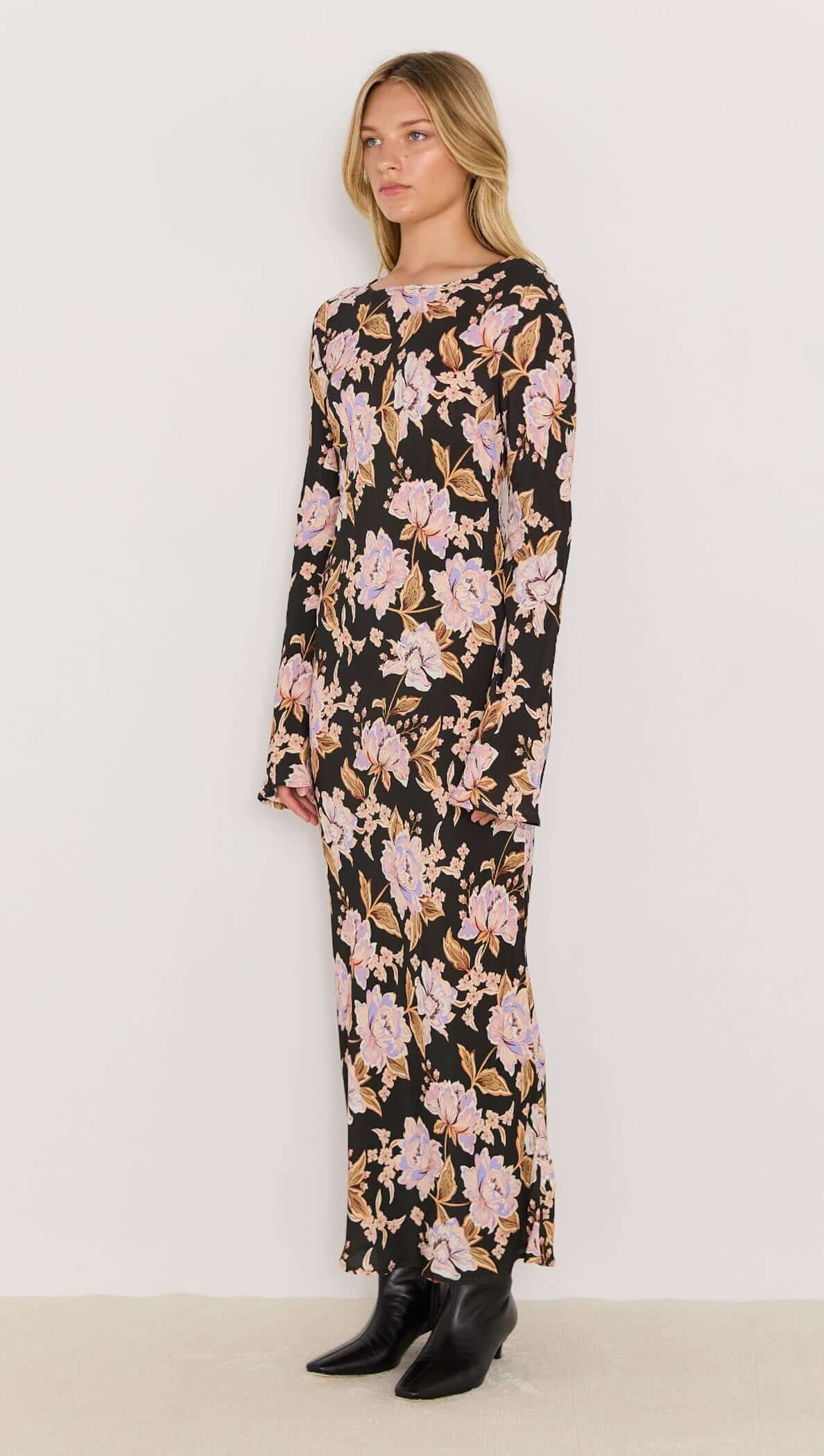 black and pink satin floral willow maxi dress with open tie back and long sleeves