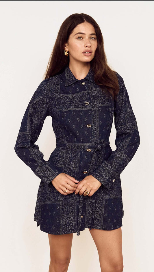 Model wearing a Paisley Jacquard Denim Shirt Dress with a collared neckline and removable waist tie.