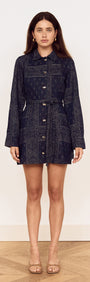 Paisley Jacquard Denim Shirt Dress featuring a collared neckline and button-through front with waist tie.