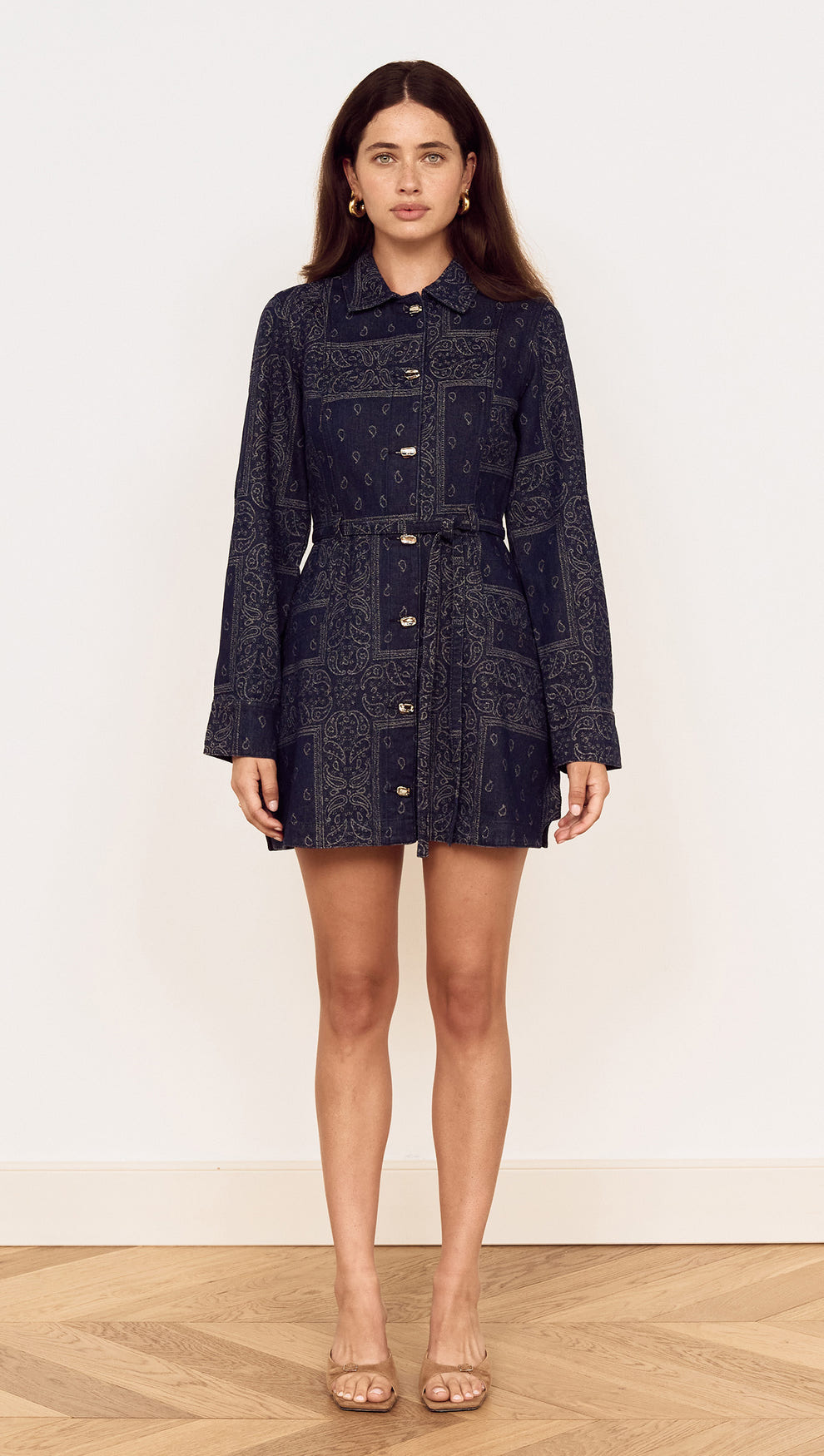 Paisley Jacquard Denim Shirt Dress featuring a collared neckline and button-through front with waist tie.