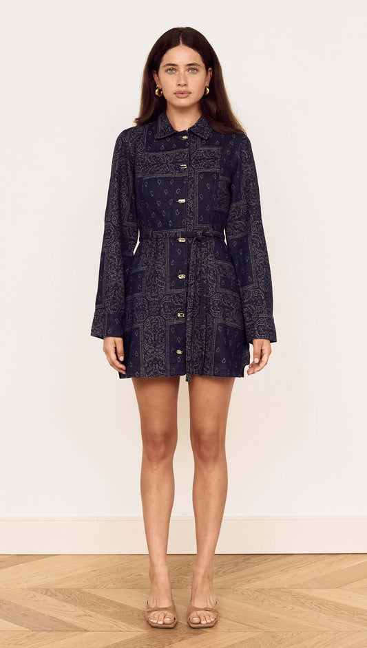 Paisley Jacquard Denim Shirt Dress featuring a collared neckline and button-through front with waist tie.