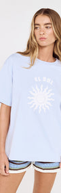 Relaxed Fit El Sol Print Tee in Pastel Blue worn by a model featuring sun graphic and relaxed fit.