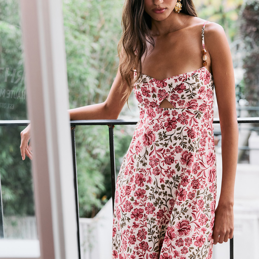 Vintage Floral Print Midi Dress with Bead Detail