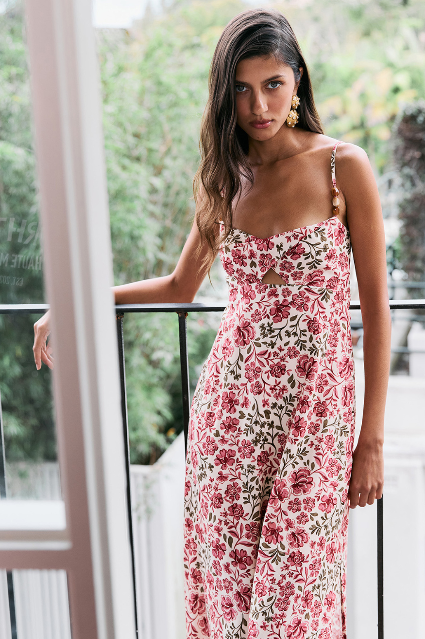 Vintage Floral Print Midi Dress with Bead Detail