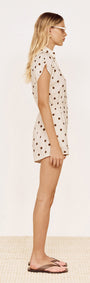 Relaxed Fit Playsuit in Chocolate Spot worn by a model, showcasing a side view of the design and print.