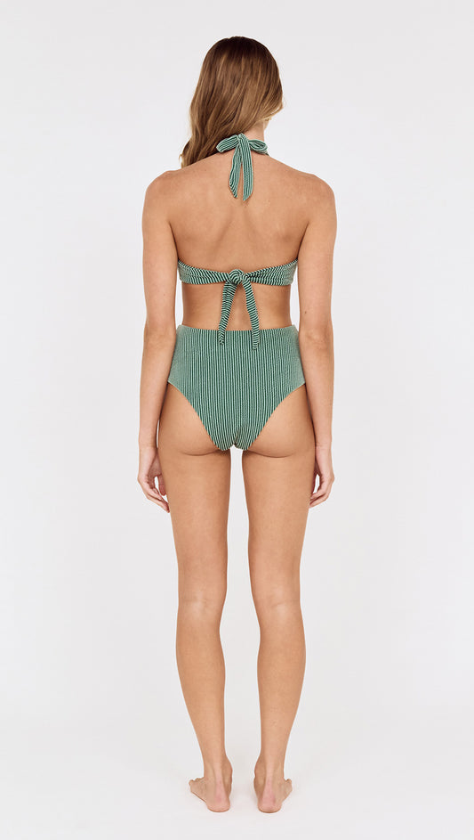 Back view of a woman wearing a Green Textured Bikini Top with Ring Detail and matching bottoms.