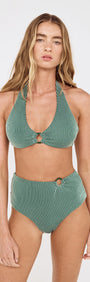 Green Textured Bikini Top with Ring Detail modeled by a woman, featuring a plunging neckline and front ring accent.