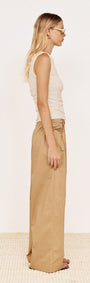 Boat Neck Rib Detail Mesh Top in Cream worn with beige wide-leg trousers, side view of the outfit against a neutral background.