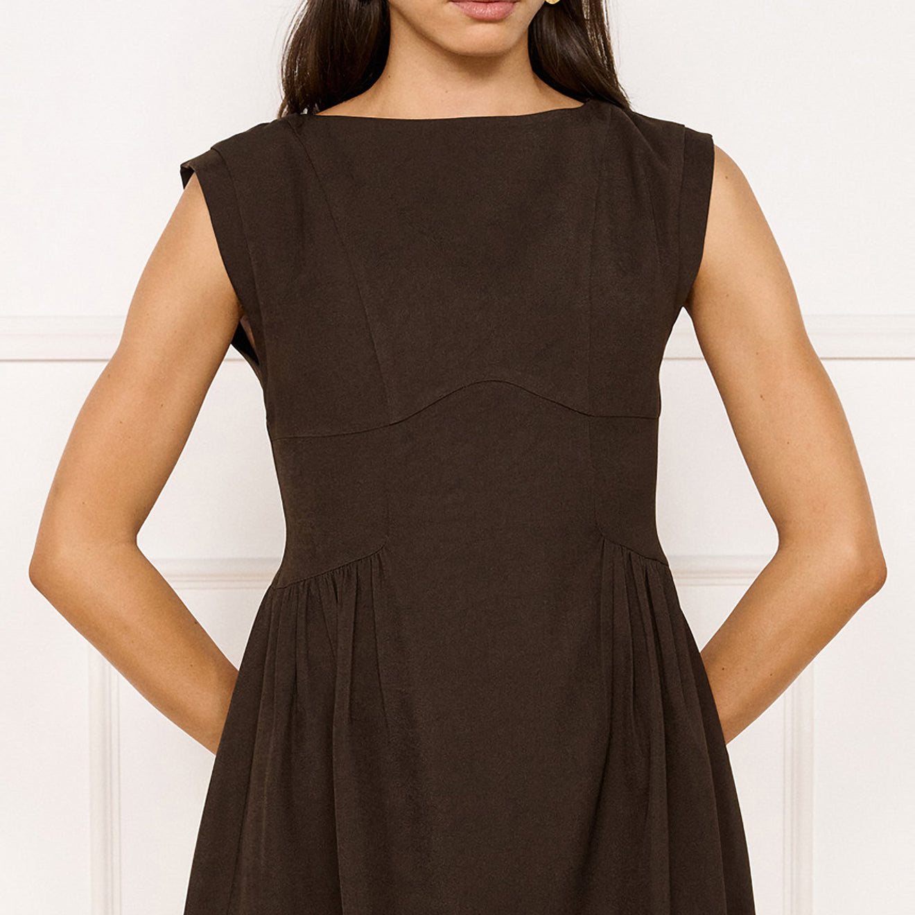Pleat Waisted Mini Dress in Chocolate featuring a fitted silhouette and gathered skirt.