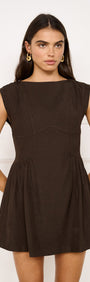 Pleat Waisted Mini Dress in Chocolate featuring a fitted silhouette and gathered skirt.