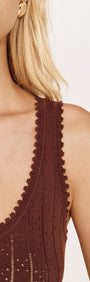 Close-up of the scoop neckline and scalloped edges of the Cotton Pointelle Knit Tank in Chocolate.
