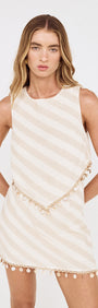 Cotton Linen Blend Tassel Top with Shell Detail in soft diagonal stripes with shell disc trim