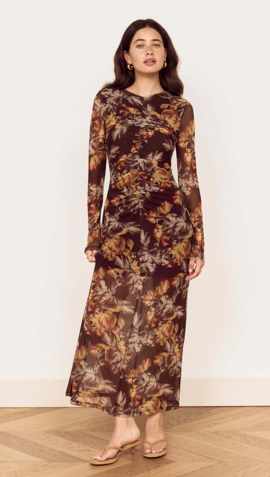 Brown Floral Gathered Mesh Midi Dress