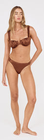 Model wearing Satin Effect Gathered Bikini Top in Bronze with matching bikini bottoms.