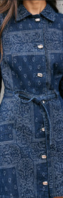 Paisley Jacquard Denim Shirt Dress featuring a collared neckline and intricate paisley design.